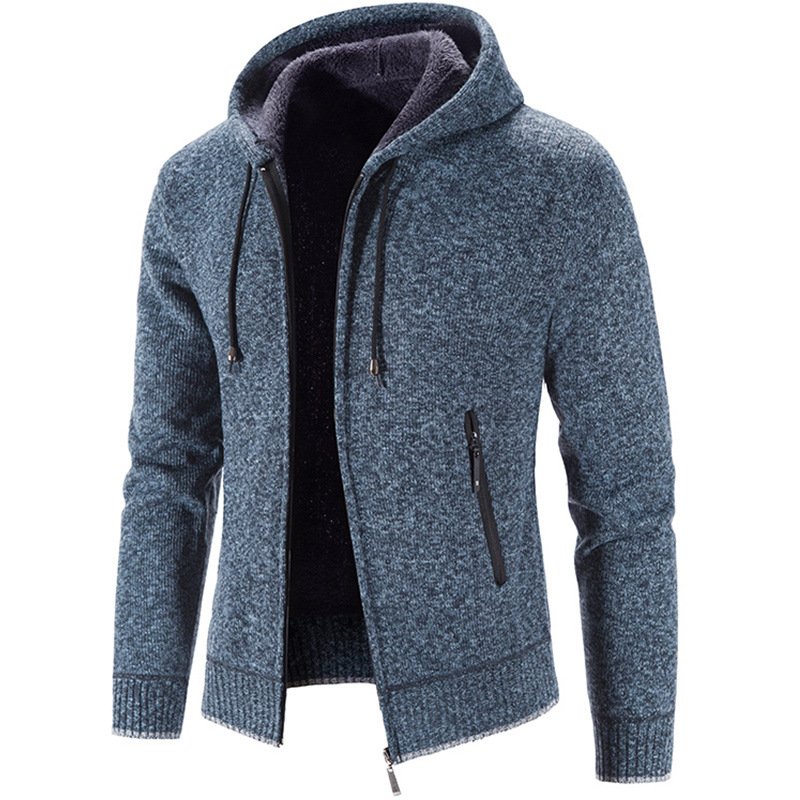 Men Thick Warm Wool Zipper Fleece Sweater with Hood - Aungwinter