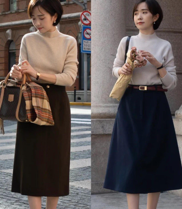 knitwear and long skirt