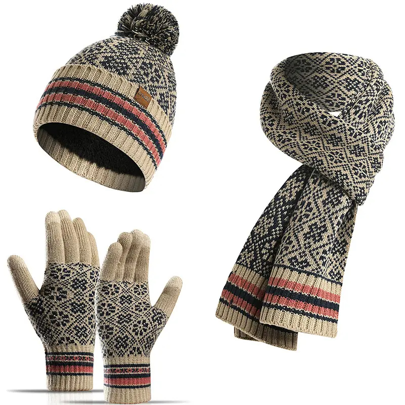 Benutzerdefinierte Frauen dicke Mützen gestrickt Schal Hut Handschuhe Set-10
