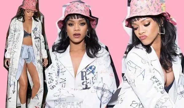 Rihanna bar en rosa fiskarhatt