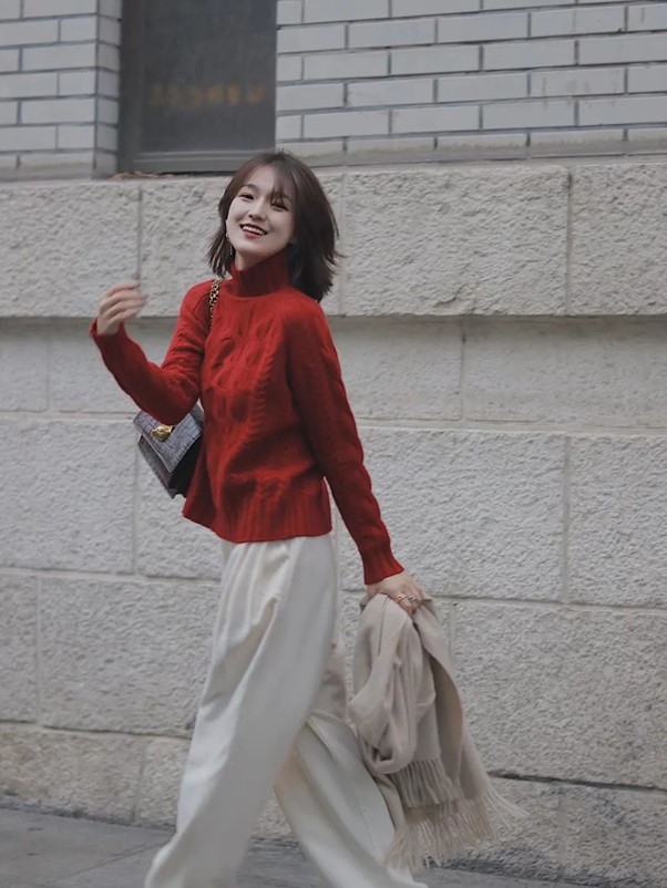 red long-sleeved turtleneck sweater