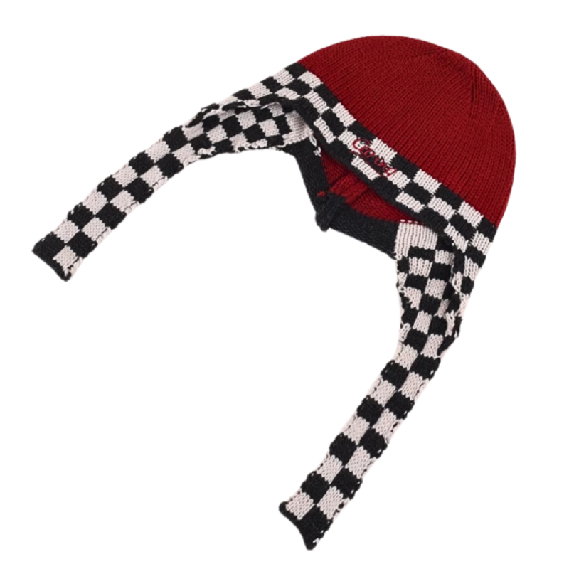 Patchwork Knit Lattice Long-Earflap Beanies We 2410-06 (2)