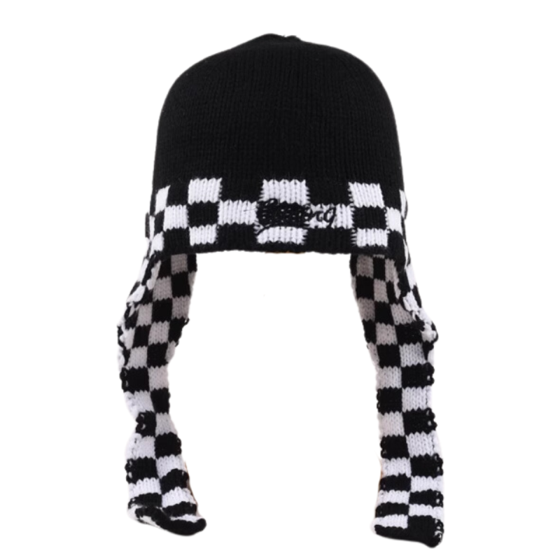 Patchwork Knit Lattice Long-Earflap Beanies We 2410-06 (3)