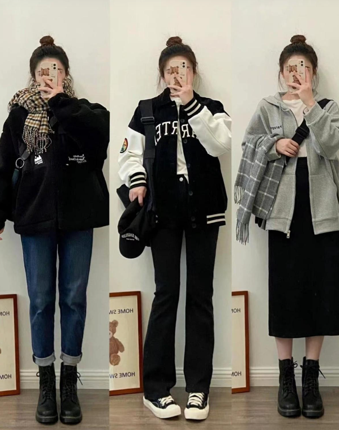 baseball coat + long flared pants