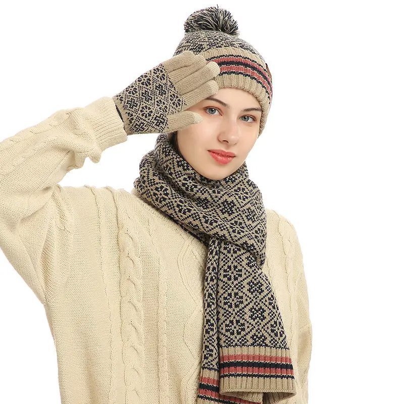 Custom Women Thick Beanies Knitted Scarf Hat Gloves Set-07