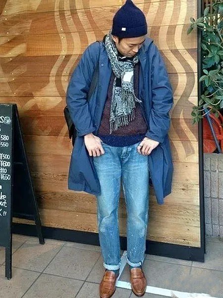 Indigo Blue Beanie + Coat + Demin Pants