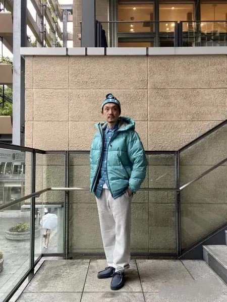 Turquoise Beanie + Down Jacket + Shirt