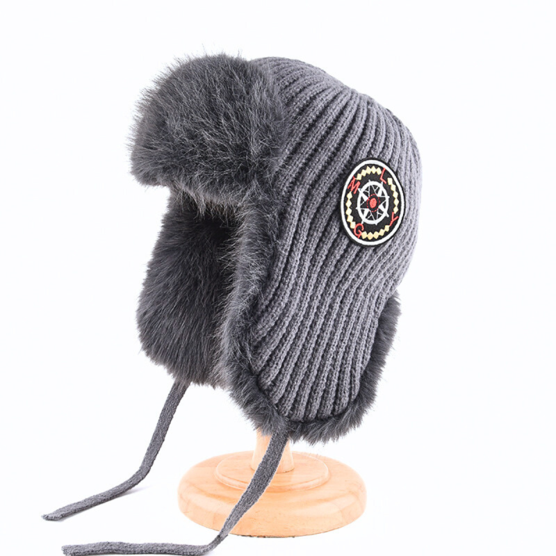 Embroidered Patch Faux Fur Knit Earflap Beanies We2410-03 (1)