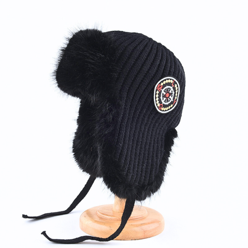 Embroidered Patch Faux Fur Knit Earflap Beanies We2410-03 (2)