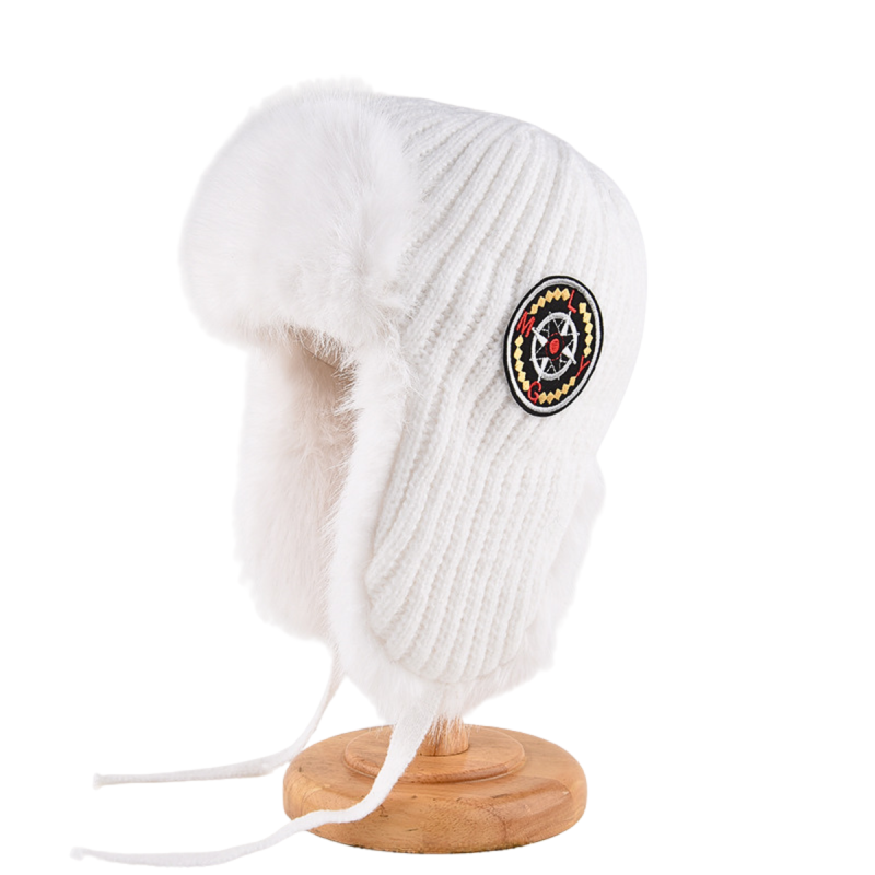 Embroidered Patch Faux Fur Knit Earflap Beanies We2410-03 (3)