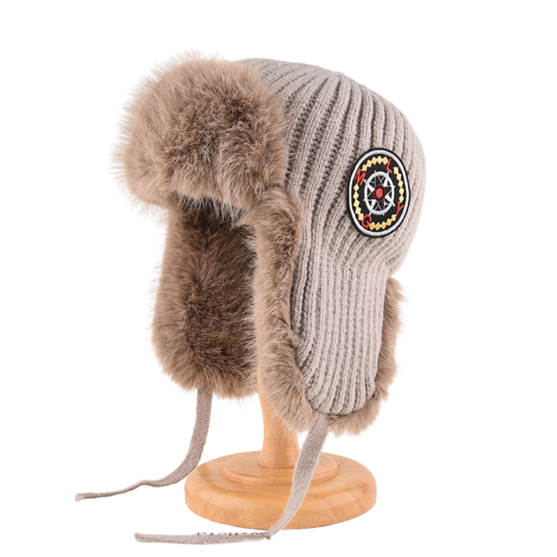 Embroidered Patch Faux Fur Knit Earflap Beanies We2410-03 (4)