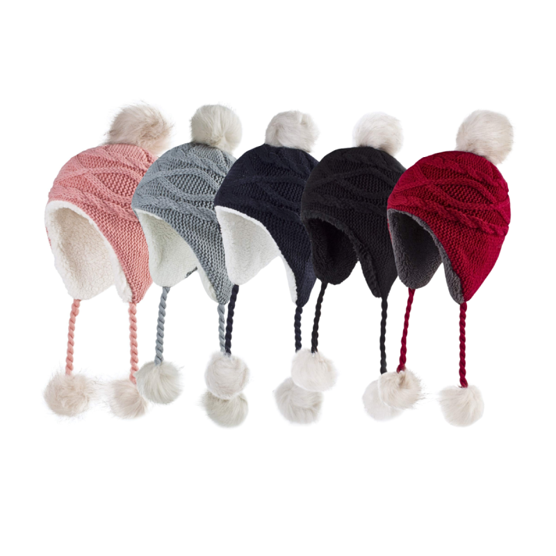 Custom Kids' Cotton and Acrylic Strap-Tied Pompom Earflap Beanie