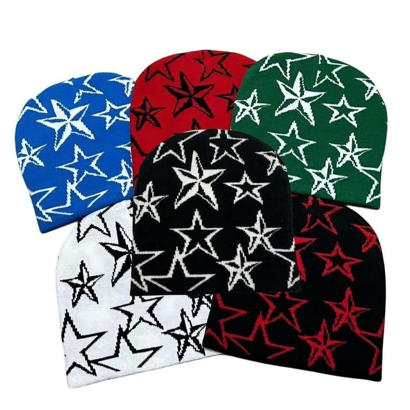 Custom Cuffless Custom Acrylic Jacquard Logo Star Beanie For Sports