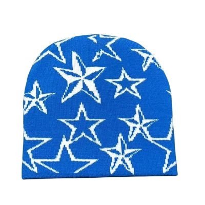 Custom Cuffless Custom Acrylic Jacquard Logo Star Beanie For Sports