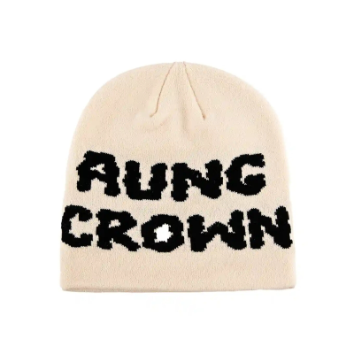 Beige-black Jacquard Letter Knit Cuffless Beanies SFA-220923-04