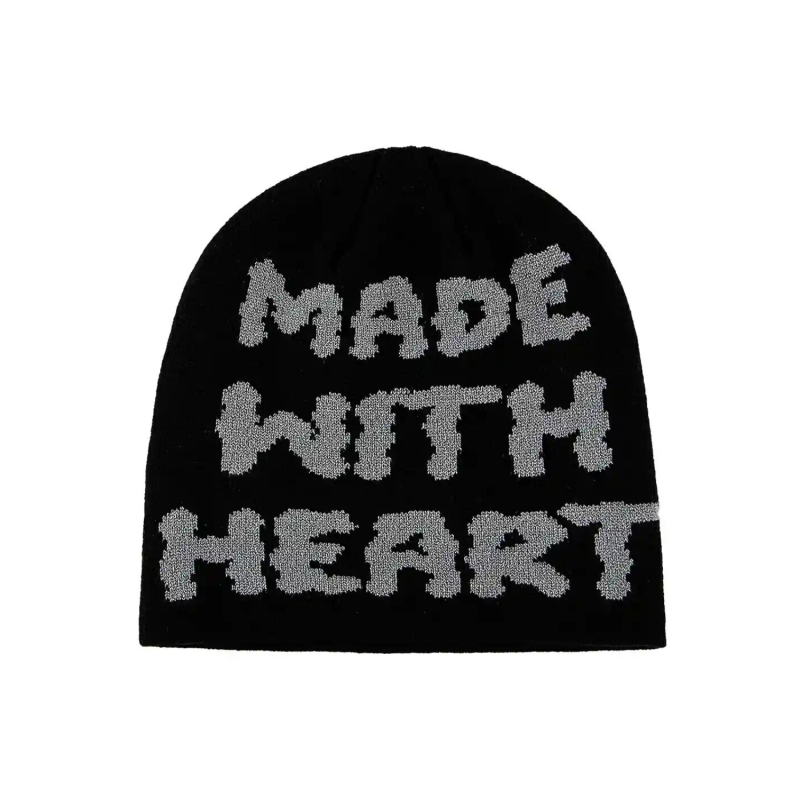 Bla ck-Gray Jacquard Letter Knit Cuffless Beanies SFA-220923-04