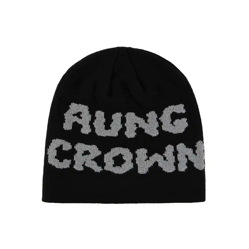 Black Jacquard Letter Knit Cuffless Beanies SFA-220923-04