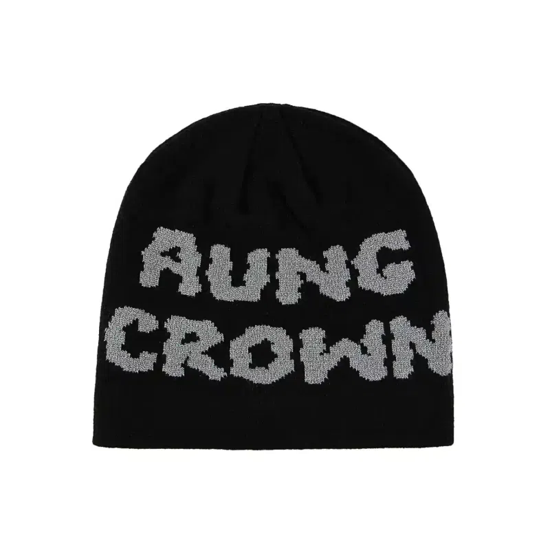 Black Jacquard Letter Knit Cuffless Beanies SFA-220923-04
