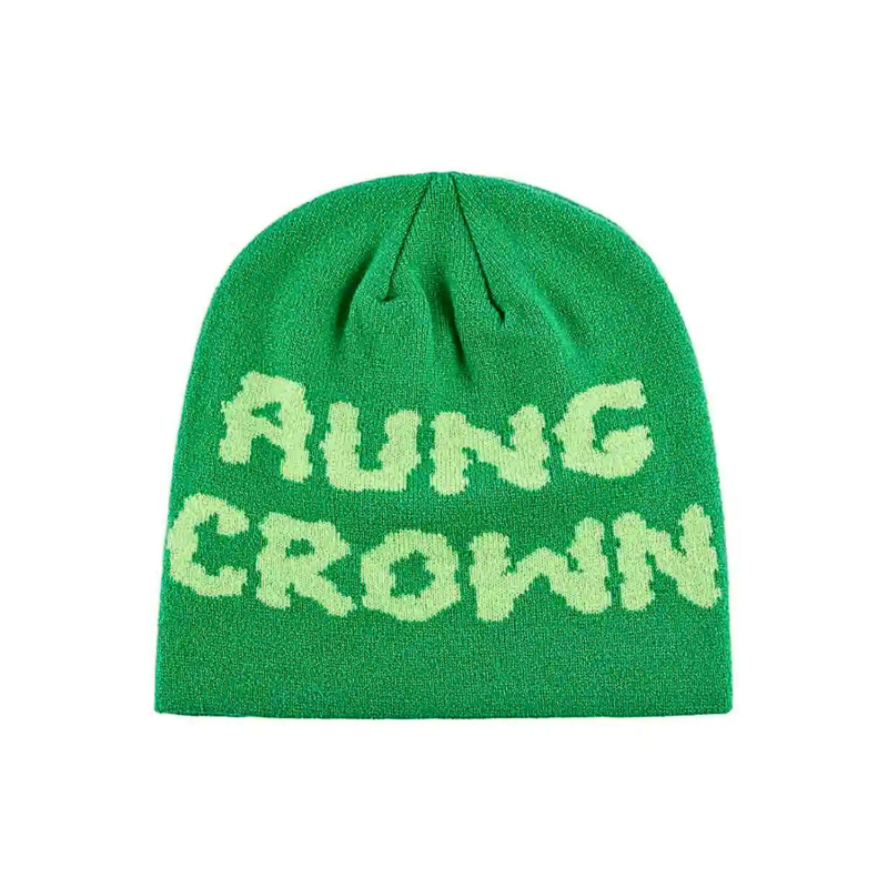 Green Jacquard Letter Knit Cuffless Beanies SFA-220923-04