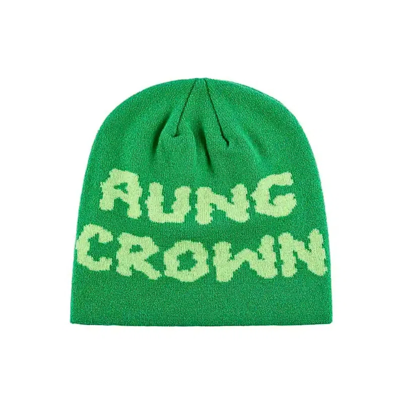 Green Jacquard Letter Knit Cuffless Beanies SFA-220923-04