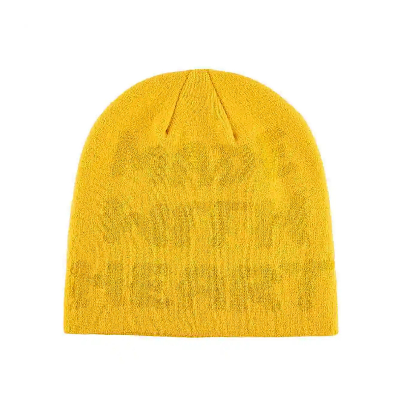 Orange-yellow Jacquard Letter Knit Cuffless Beanies SFA-220923-04