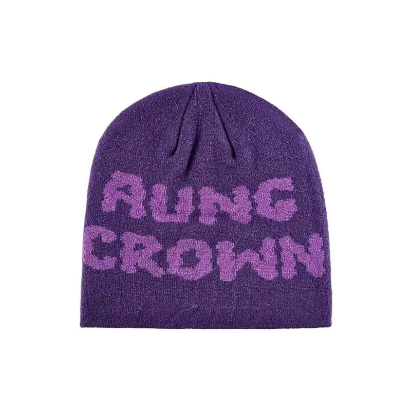 Purple Jacquard Letter Knit Cuffless Beanies SFA-220923-04