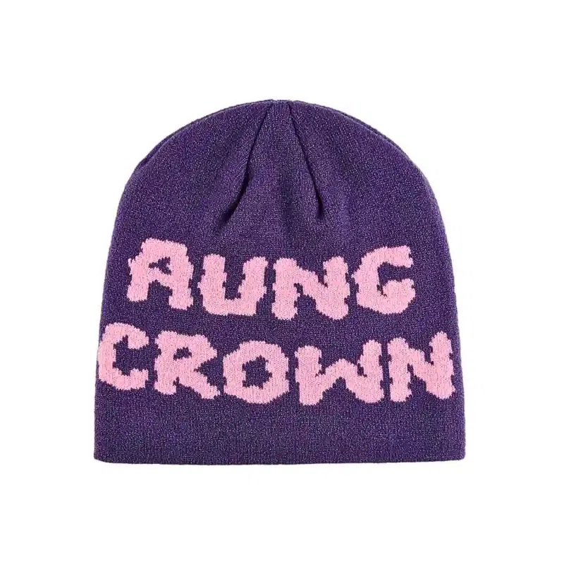 Purple-Pink Jacquard Letter Knit Cuffless Beanies SFA-220923-04