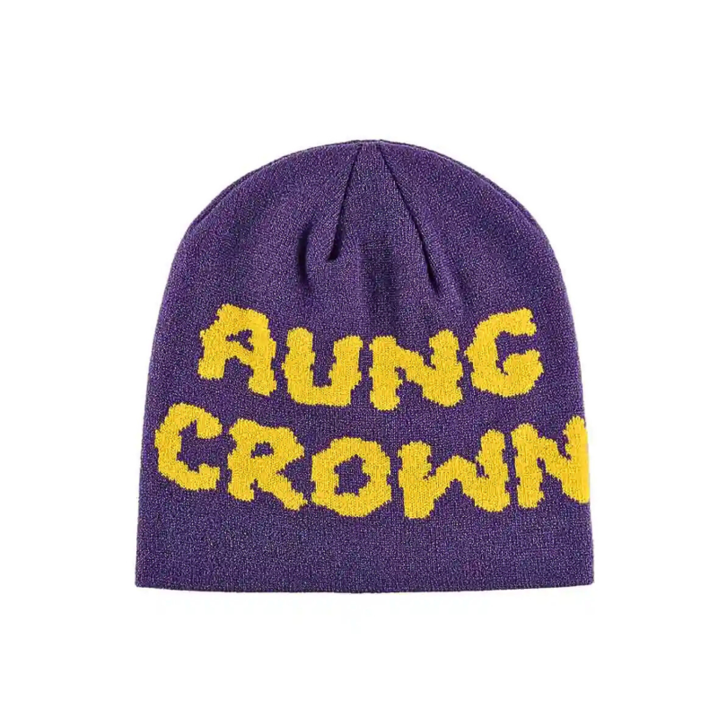 Purple-yellow Jacquard Letter Knit Cuffless Beanies SFA-220923-04