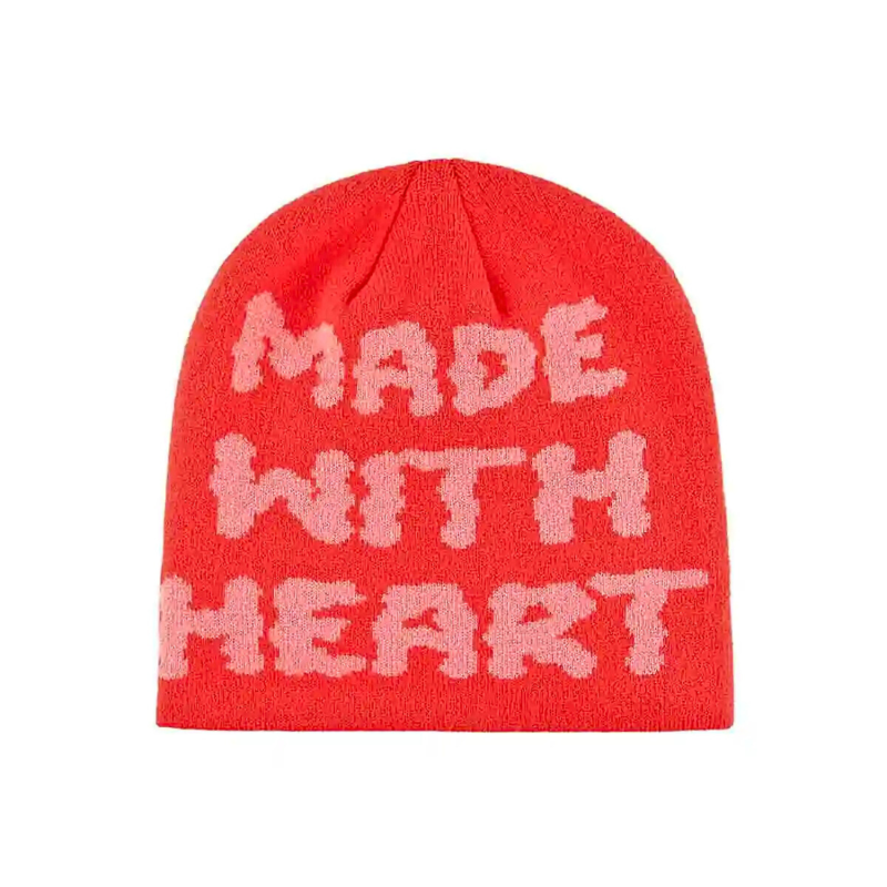 Red Jacquard Letter Knit Cuffless Beanies SFA-220923-04
