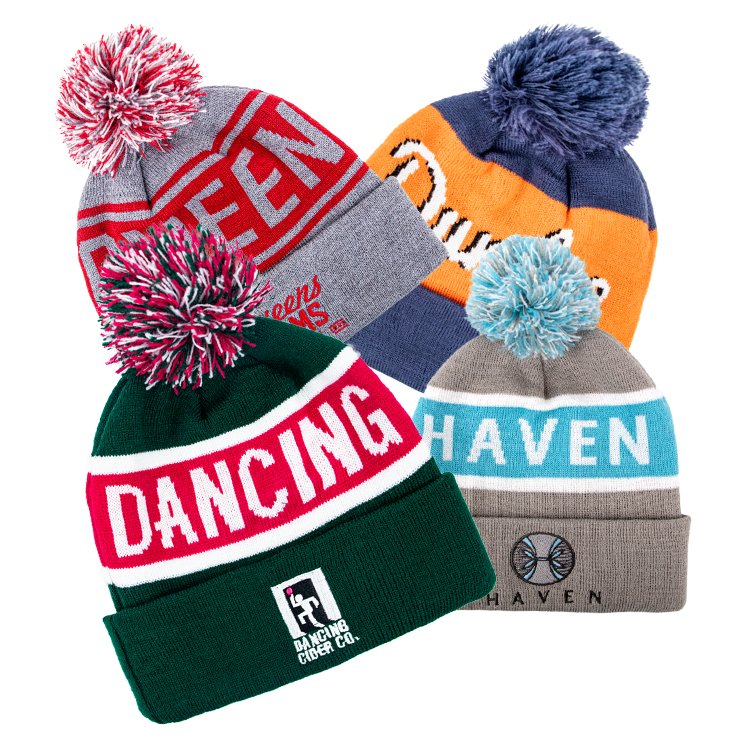 Winter Acrylic Jacquard Custom Pom Pom Beanie With Embroidery Logo