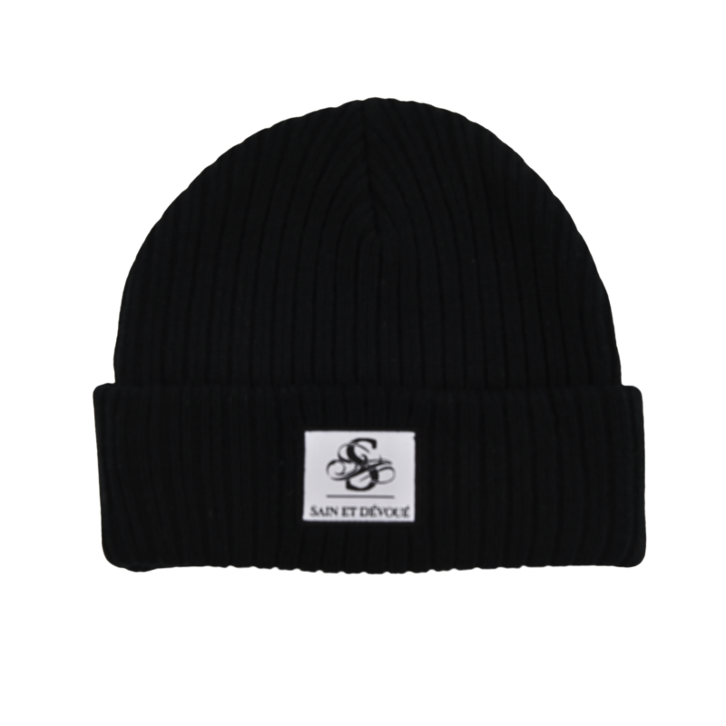 Black EmbroideredWoven Patch Cuffed Beanies PB-FB0003