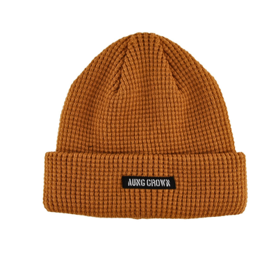 Brown Waffle Knit Woven Label Cuffed Beanies KN2103121