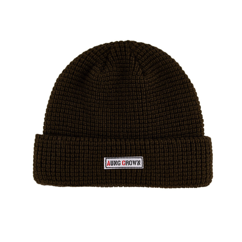 Dark Brown Waffle Knit Woven Label Cuffed Beanies KN2103121