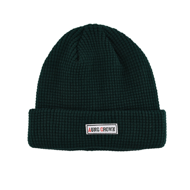Dark Green Waffle Knit Woven Label Cuffed Beanies KN2103121