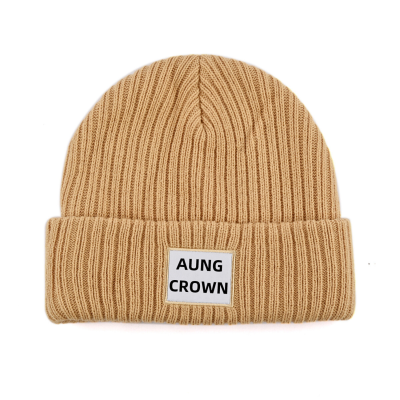 Khaki EmbroideredWoven Patch Cuffed Beanies PB-FB0003