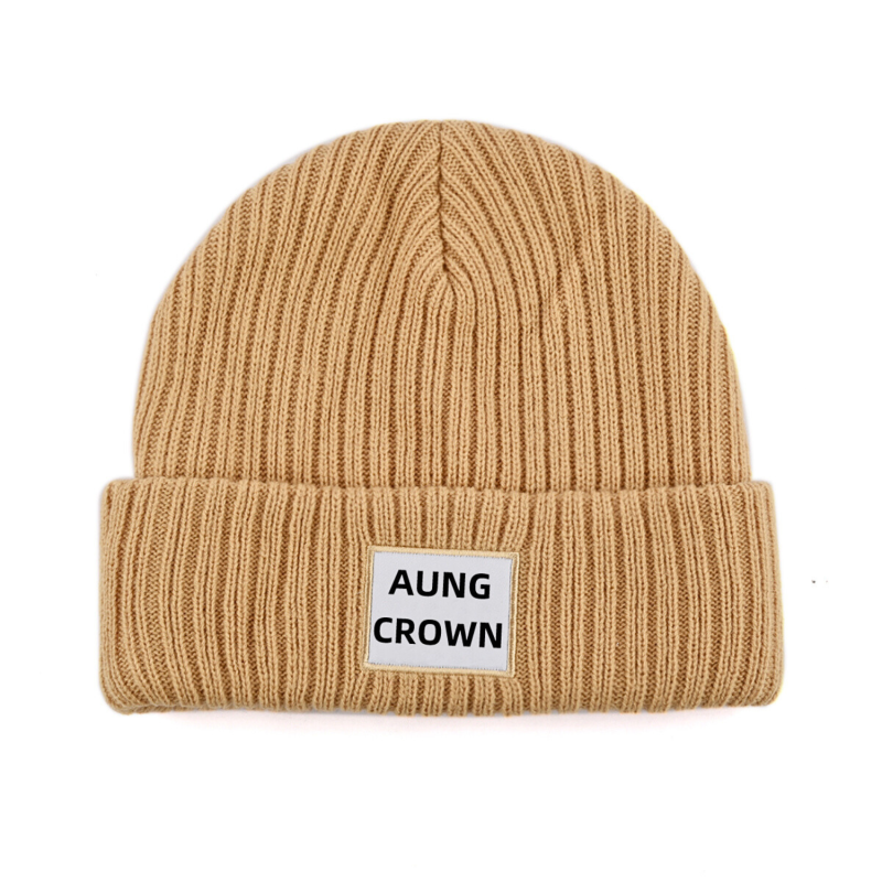 Khaki EmbroideredWoven Patch Cuffed Beanies PB-FB0003