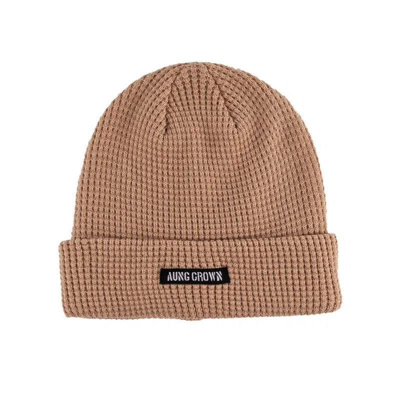 Bonnet à revers en tricot gaufré kaki avec étiquette tissée KN2103121