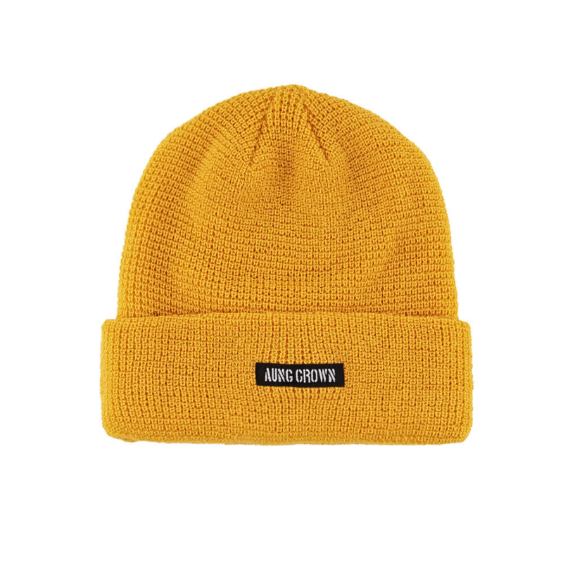 Yellow Waffle Knit Woven Label Cuffed Beanies KN2103121