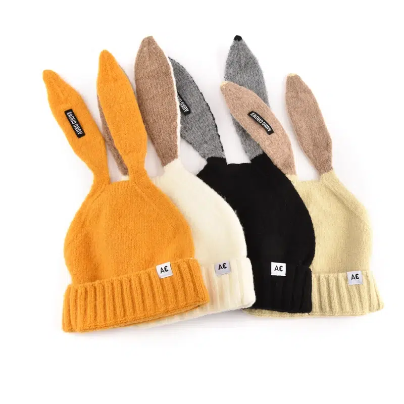 Winter Kids Wool Knit Beanie Hat With Rabbit Ear
