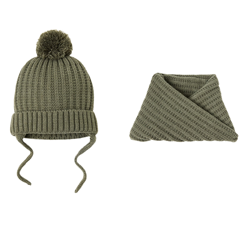 Army Green Kids Winter 2PCS Pompom Beanie + Scarf Wk2410-014