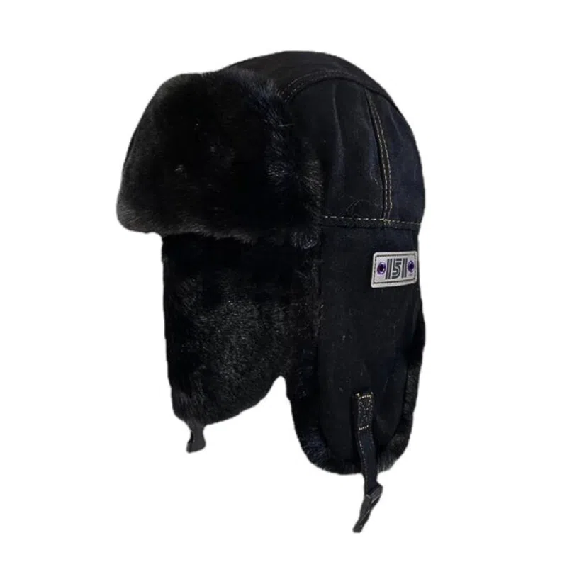 Chapeaux de trappeur à oreillettes en fausse fourrure avec étiquette personnalisée noire Wt2410-9