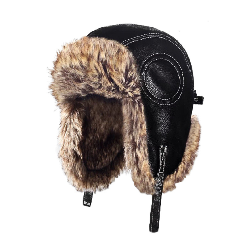 Black Custom Leather Warm Earflap Trapper Hats Wt2410-13