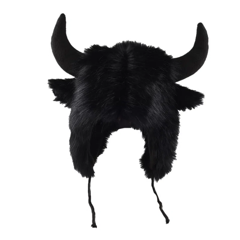 Black Horns & Ears Straps Earflap Hats Wbeh2410-04, back Black Horns & Ears Straps Earflap Hats Wbeh2410-04, back