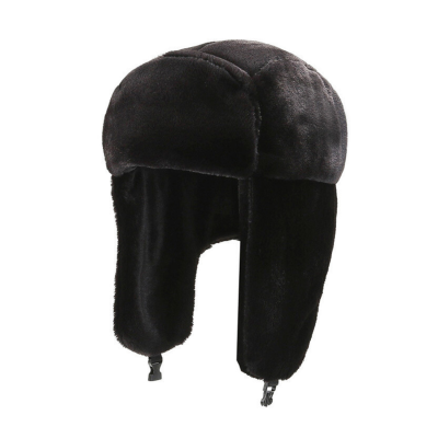 Black Winter Plain Plush Earflap Trapper Hats Wt2410-10