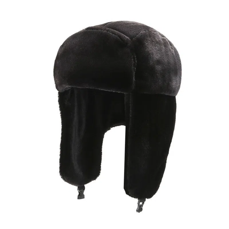 Chapeaux de trappeur à oreillettes en peluche unie noir hiver Wt2410-10