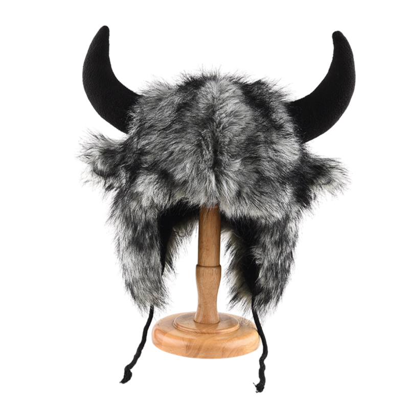 Dark Gary Horns & Ears Straps Earflap Hats Wbeh2410-04, front