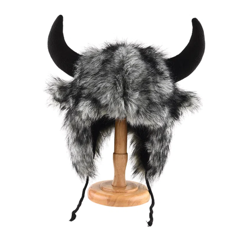 Dark Gary Horns & Ears Straps Earflap Hats Wbeh2410-04, front Dark Gary Horns & Ears Straps Earflap Hats Wbeh2410-04, front
