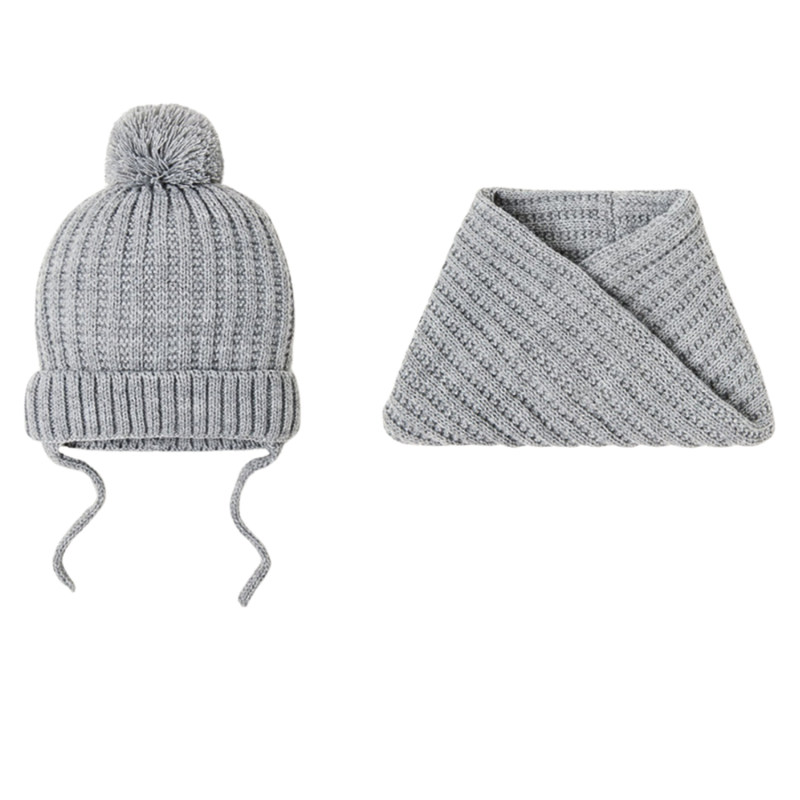 Gray Kids Winter 2PCS PompoGray Kids Winter 2PCS Pompom Beanie + Scarf Wk2410-014, combom Beanie + Scarf Wk2410-014, combo