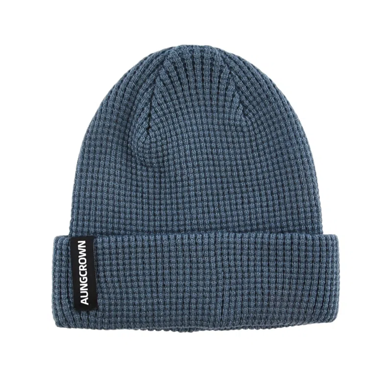Bonnet à revers en tricot gaufré uni bleu grisâtre personnalisé PB-FB0036