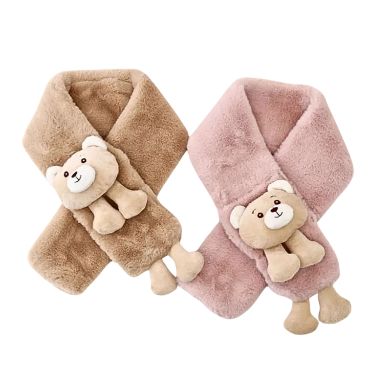Little Kids Cute Bear Warm Plush Scarves Wk2410-04, Khaki & Pink